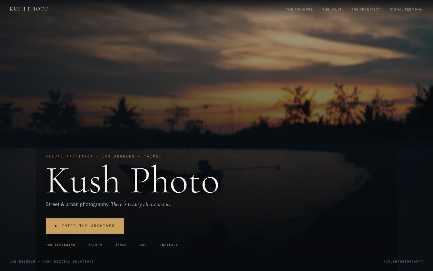 The rebuilt KUSH PHOTO front page — a sunset over Mae Haad beach filling the frame, the wordmark and navigation across the top, and the title, lede and call to action set over the lower third.