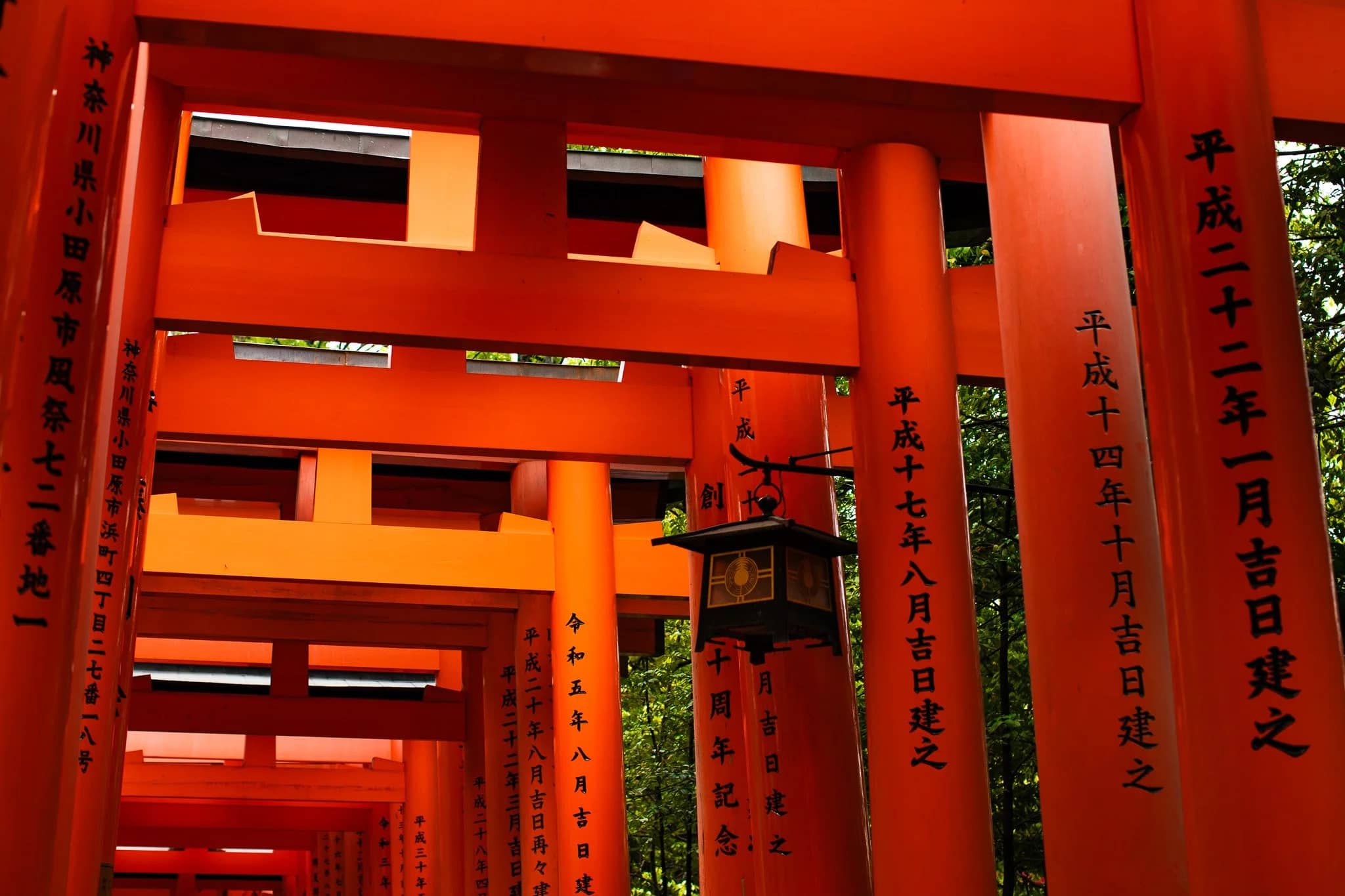 The tunnel of vermilion torii gates at Fushimi Inari, Kyoto, black characters inked down each upright.